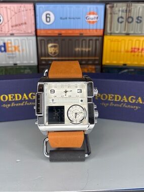 Poedagar 50mm Men's Square Multi-Function Watch in Tan Leather